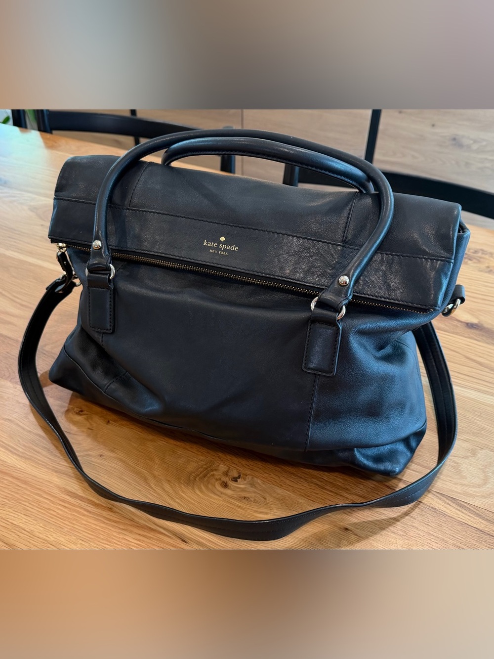 Kate Spade black leather briefcase/weekender bag with gold hardware